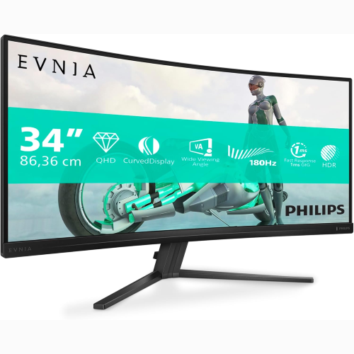 Monitor Philips Evnia gaming curvo WQHD da 34", 180 Hz, 0,5 ms, FreeSync Premium, HDR10 (3440x1440, 2x HDMI, DisplayPort 1.4)